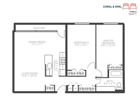 Floor plan for 2 beds, 1 bath, 863 sqft